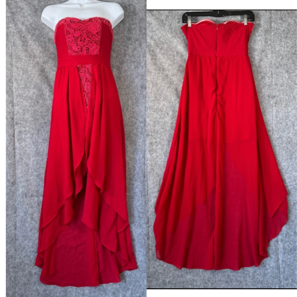 Y2K LOVE Hi Lo Sweetheart Dress Womens Medium Formal Prom Lace Red Chiffon
